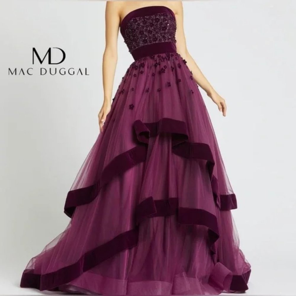 UNWORN. Mac Duggal Plum Bustier Velvet Ballgown - Picture 2 of 13